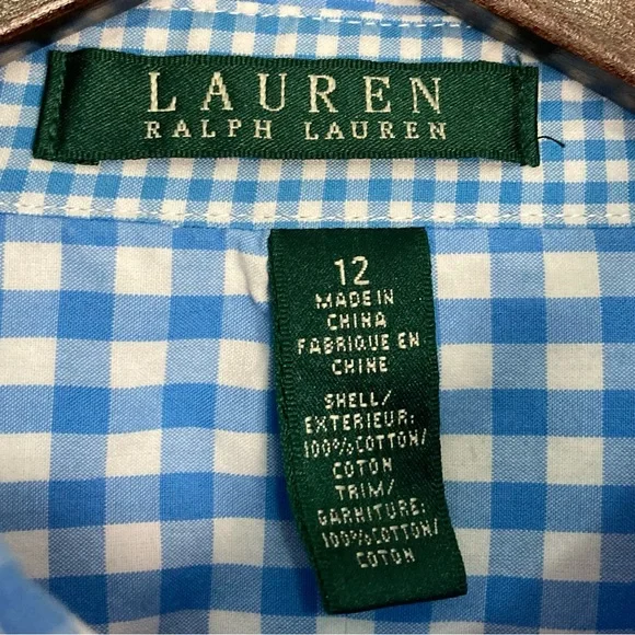 LRL Gingham Peplum Blouse Women’s Size 12 Button Front 3/4 Sleeves Flip Cuffs - Picture 6 of 6